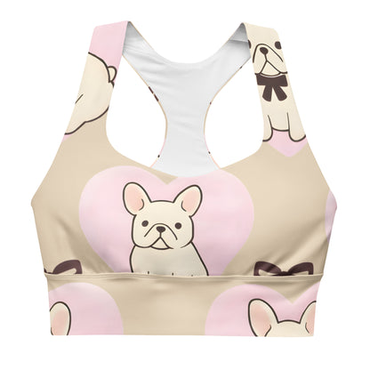 Frenchie Love recycled longline sports bra showing French bulldog and bow print design