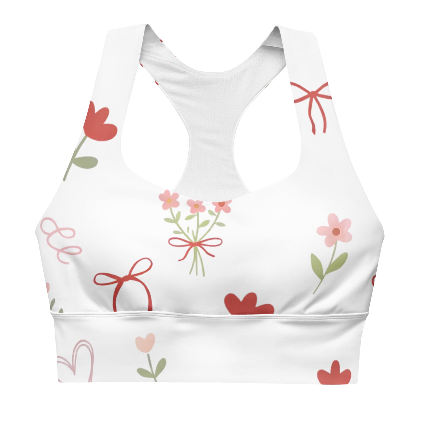 Close up of Sweet Tied Blooms recycled longline sports bra showing floral pattern and wide support band