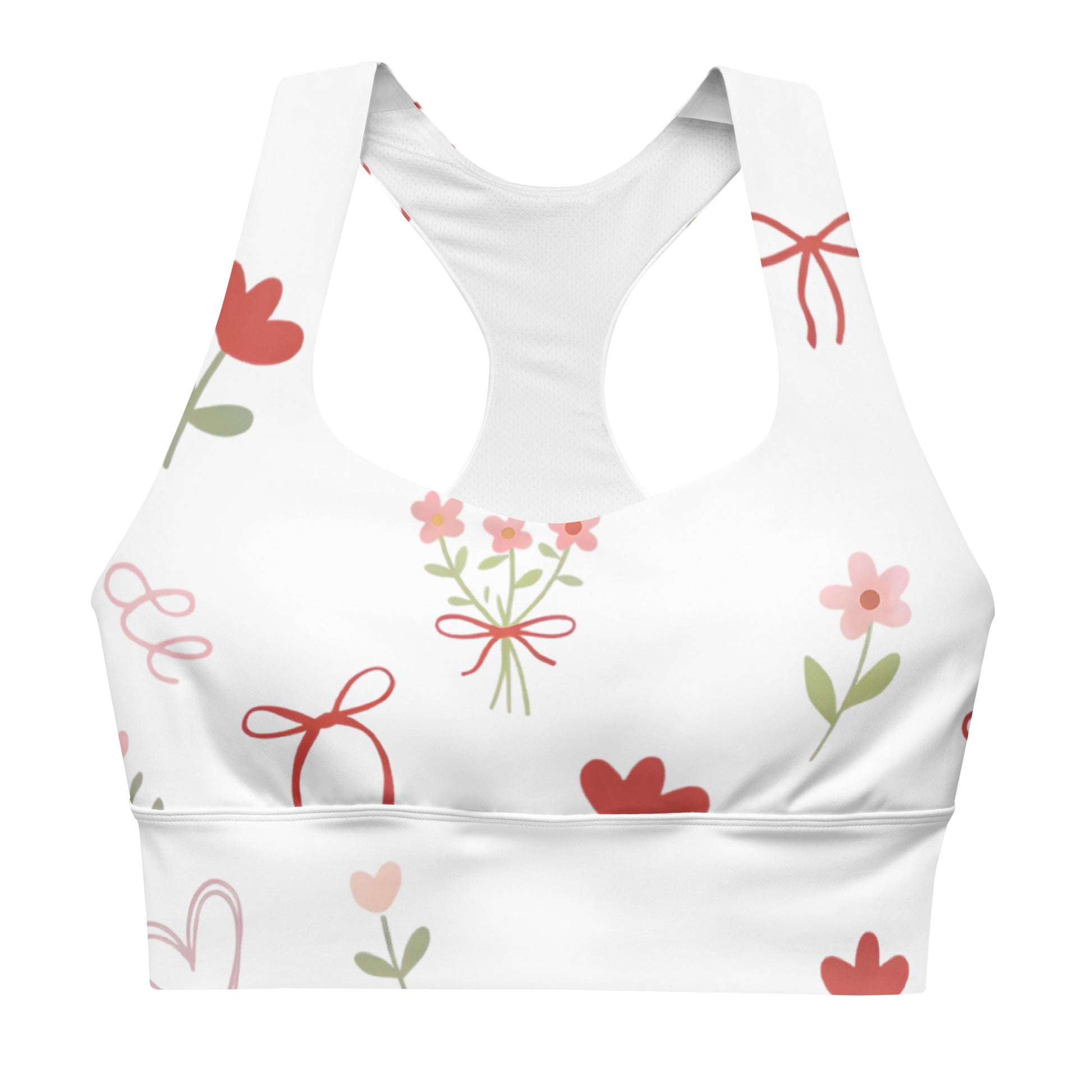 Close up of Sweet Tied Blooms recycled longline sports bra showing floral pattern and wide support band