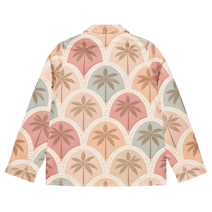 Back view Vibewear 'Sunset Palm Mosaic' long sleeve satin pajama top, showing the intricate blue and orange pattern.