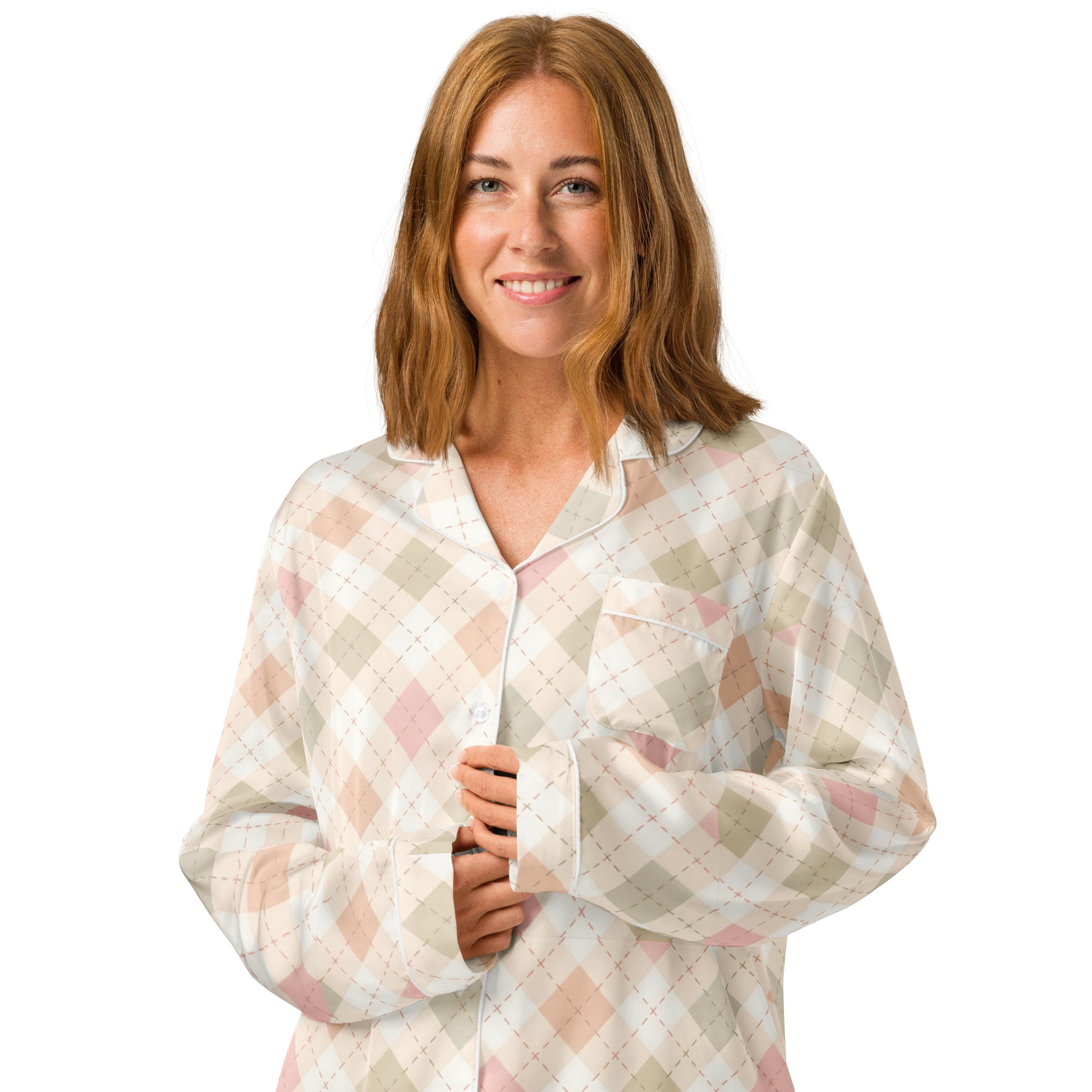 Woman wearing the 'Blush Cottage Argyle' long sleeve satin pajama top, showing the pink argyle pattern and classic button-front style.