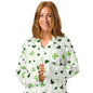 Woman wearing the Vibewear 'Lily Love' long sleeve satin pajama top, showing Green & White Frog and hearts design and classic button-front style.
