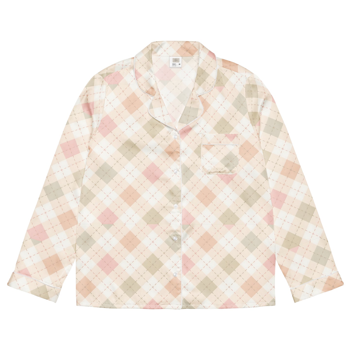 Woman wearing the 'Blush Cottage Argyle' long sleeve satin pajama top, showing the pink argyle pattern and classic button-front style.