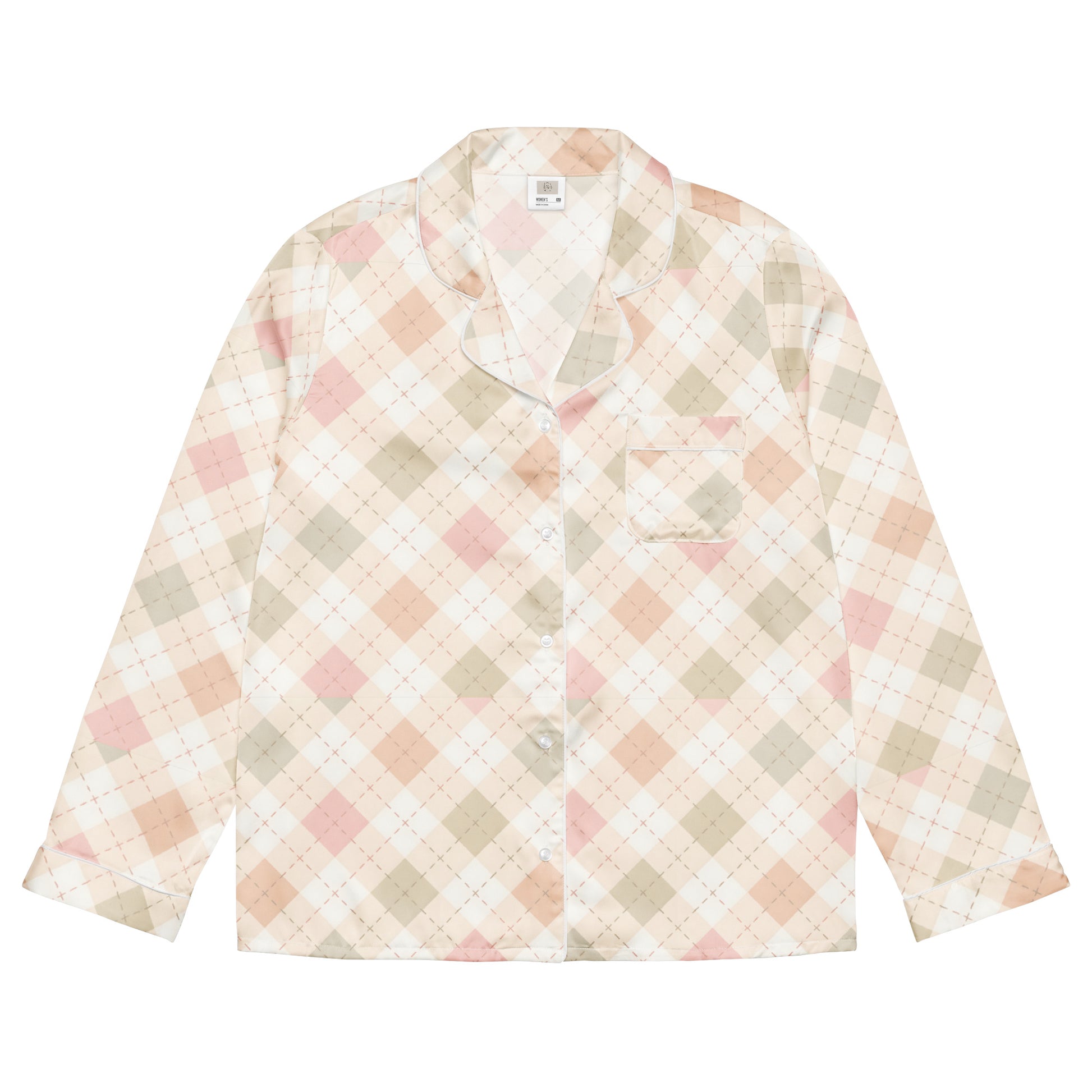 Woman wearing the 'Blush Cottage Argyle' long sleeve satin pajama top, showing the pink argyle pattern and classic button-front style.