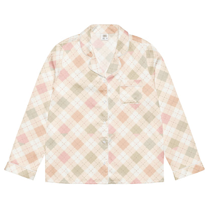 Woman wearing the 'Blush Cottage Argyle' long sleeve satin pajama top, showing the pink argyle pattern and classic button-front style.