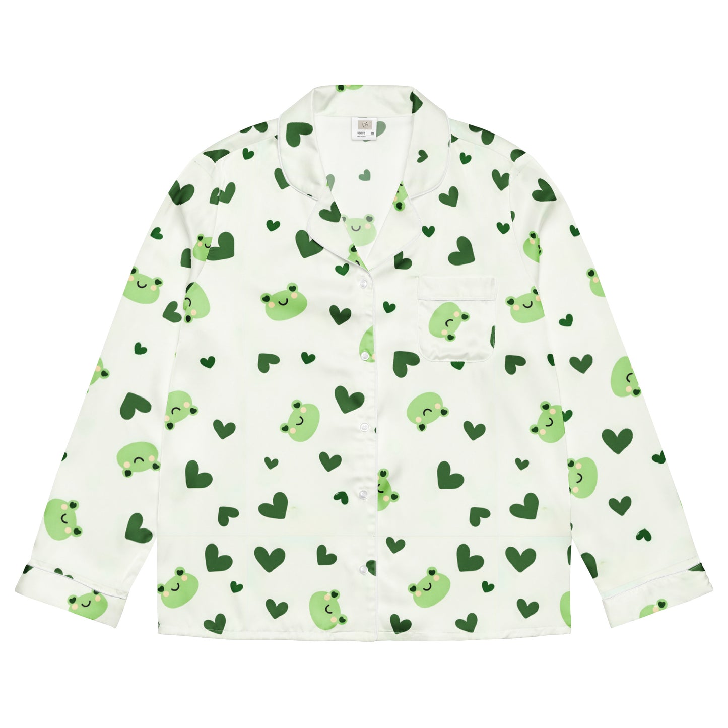 Vibewear 'Lily Love' long sleeve satin pajama top, showing Green & White Frog and hearts design and classic button-front style.
