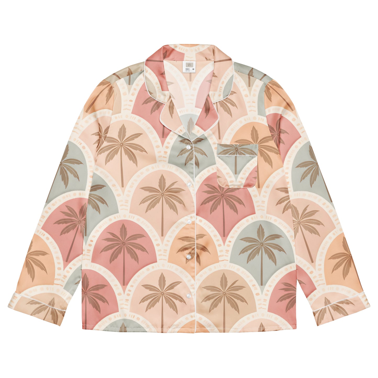 Front view Vibewear 'Sunset Palm Mosaic' long sleeve satin pajama top, showing the intricate blue and orange pattern and button-front style.