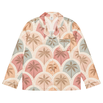 Front view Vibewear 'Sunset Palm Mosaic' long sleeve satin pajama top, showing the intricate blue and orange pattern and button-front style.