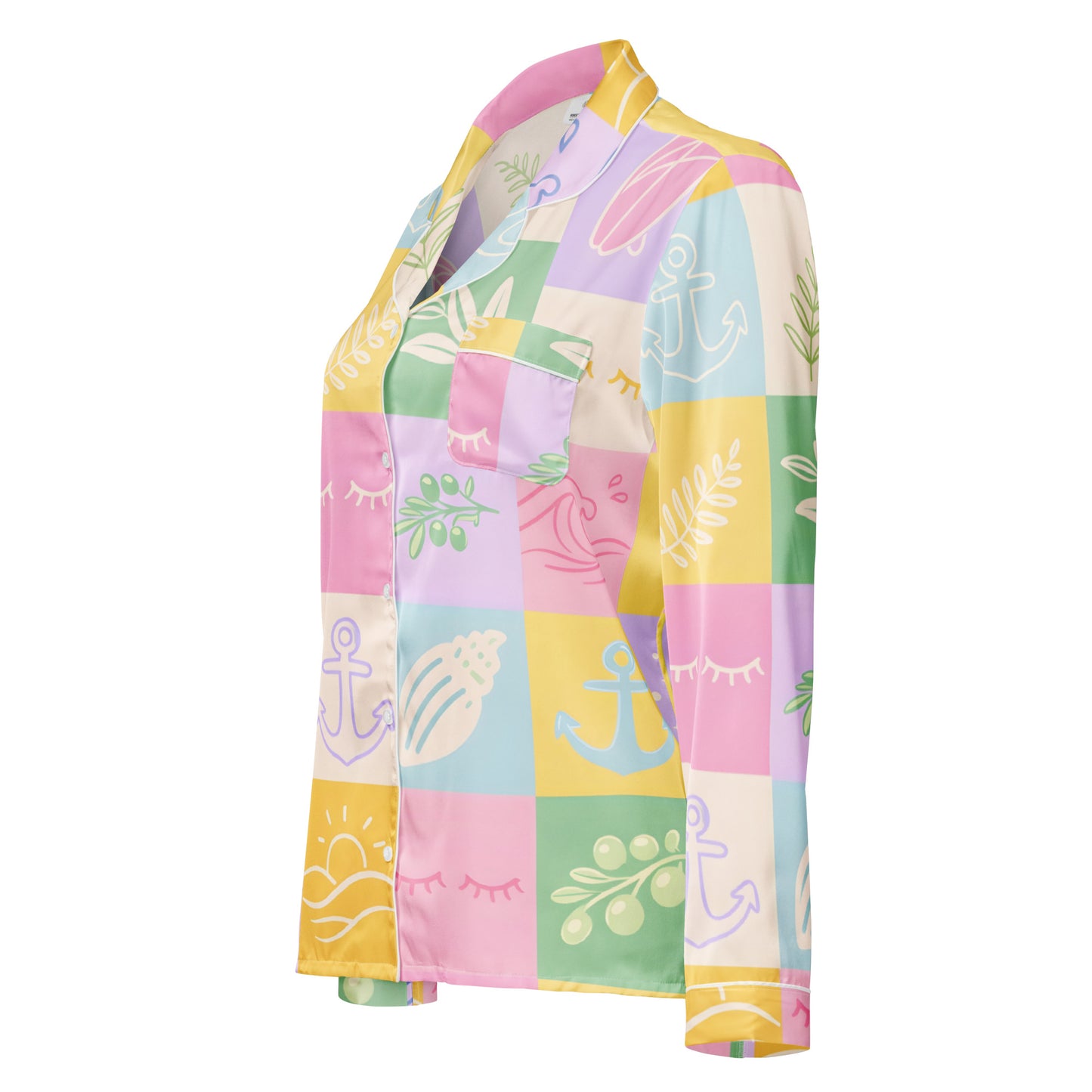 Side view of Pastel Patchwork Dream womens long sleeve pajama top with pastel patchwork print
