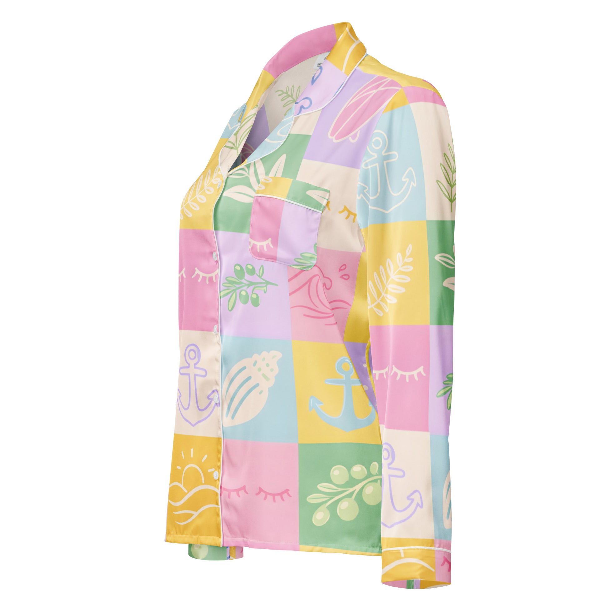 Side view of Pastel Patchwork Dream womens long sleeve pajama top with pastel patchwork print
