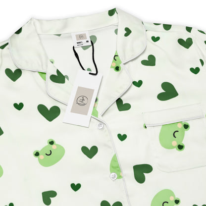 Vibewear 'Lily Love' long sleeve satin pajama top, showing Green & White Frog and hearts design and classic button-front style.