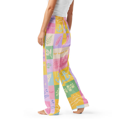 Side view of model wearing Pastel Patchwork Dream womens pajama pants
