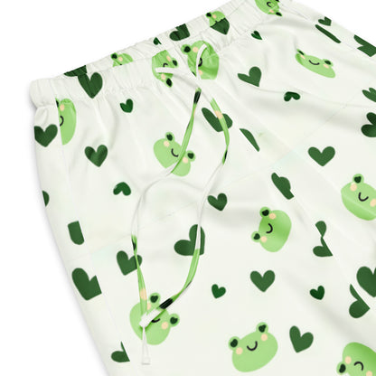 Vibewear 'Lily Love' satin pajama pants, highlighting the cute green frog and heart pattern.