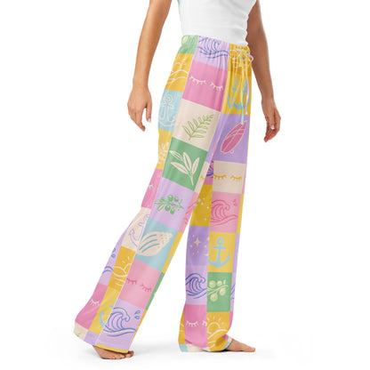 Pastel Patchwork Dream womens pajama pants showing full pastel patchwork design