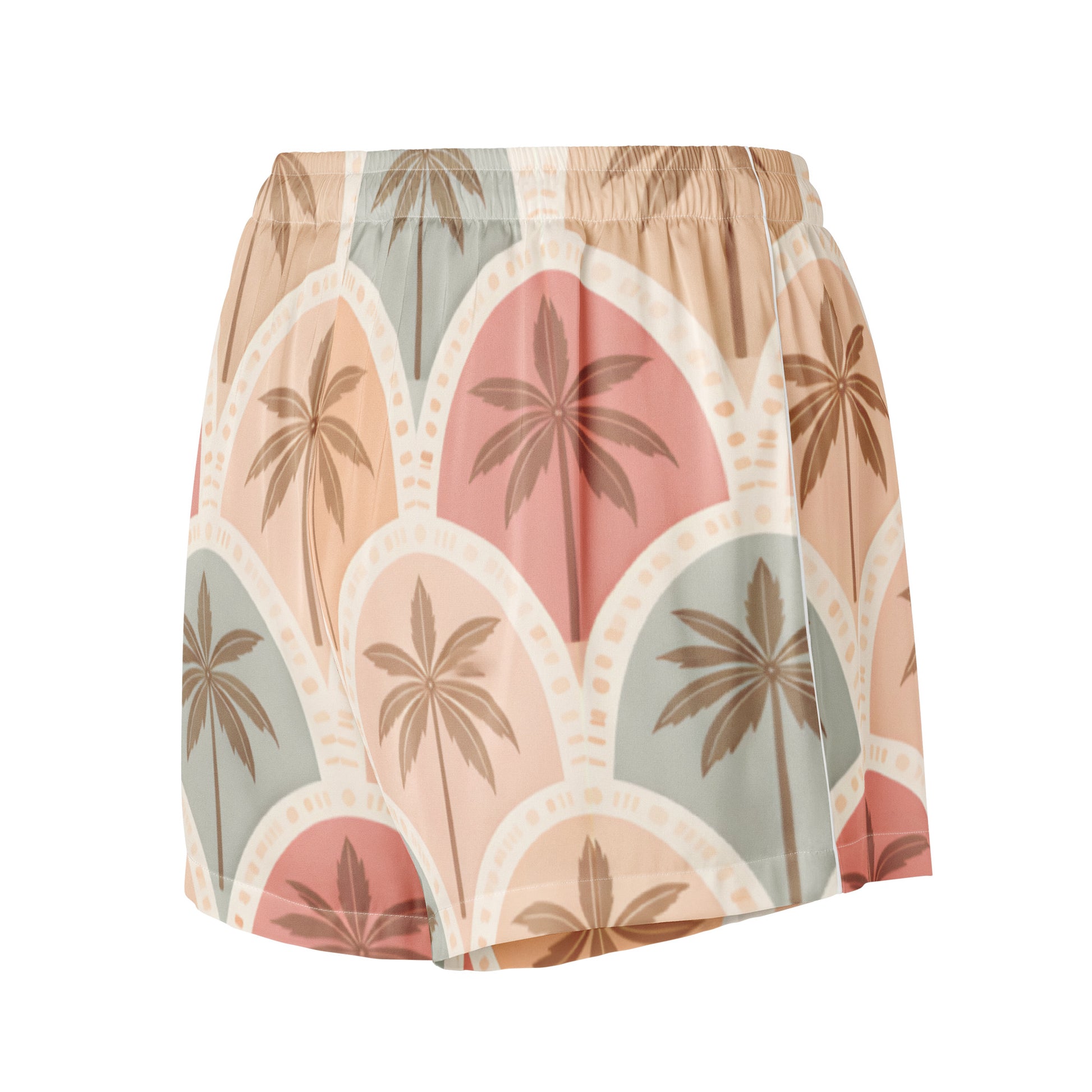 Back side view Vibewear 'Sunset Palm Mosaic' satin pajama shorts, showing the blue and orange geometric pattern and relaxed fit.