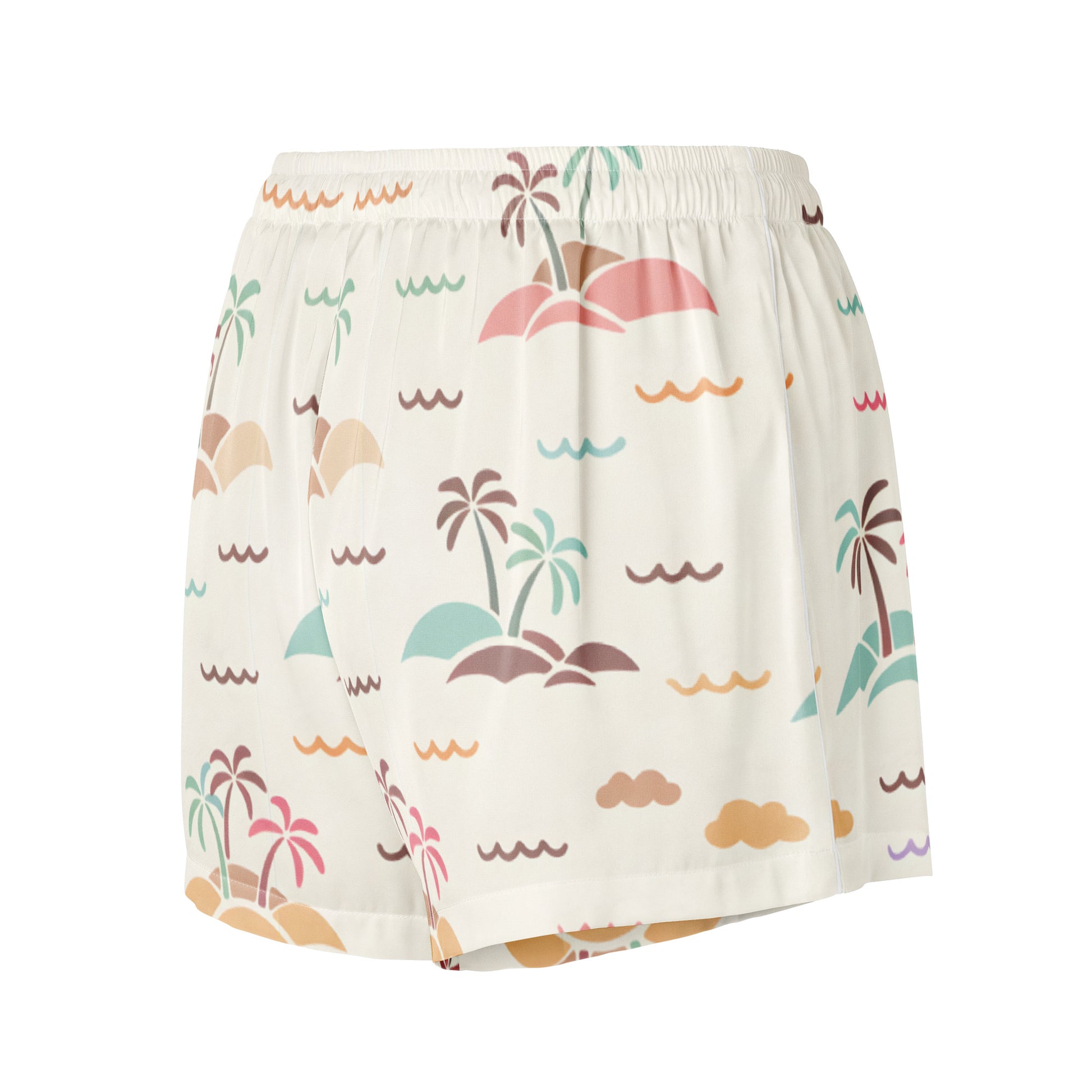 Vibewear Sorbet Shores satin pajama shorts with colourful abstract pattern, showing the relaxed fit and piping detail.