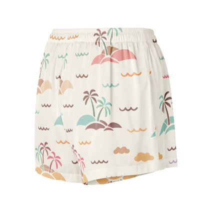 Vibewear Sorbet Shores satin pajama shorts with colourful abstract pattern, showing the relaxed fit and piping detail.
