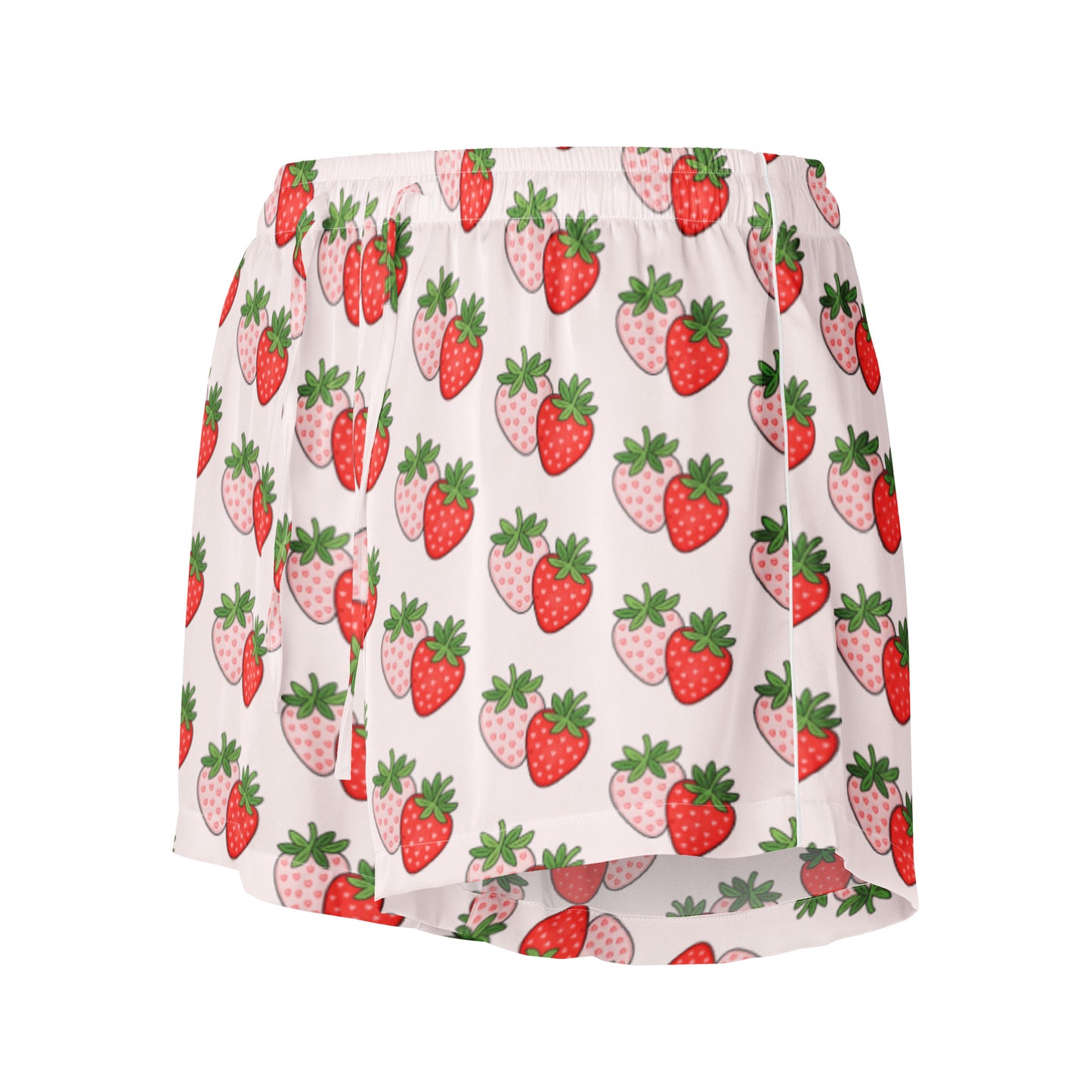 Berry Blush Bliss womens pajama shorts showing full strawberry print design