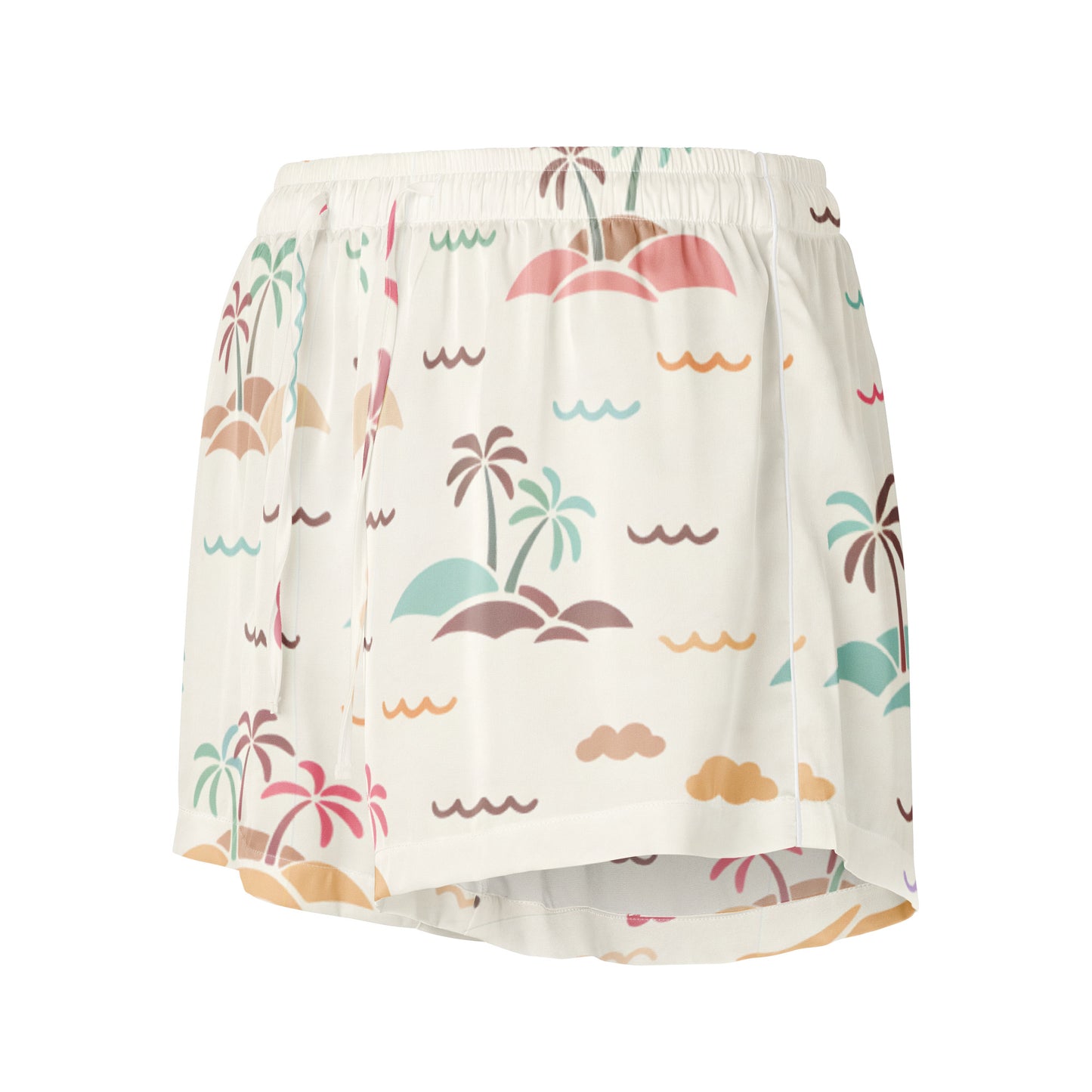 Vibewear Sorbet Shores satin pajama shorts with colourful abstract pattern, showing the relaxed fit and piping detail.