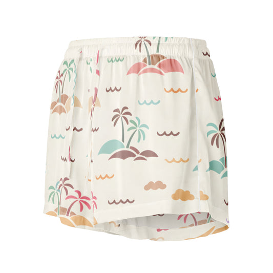 Vibewear Sorbet Shores satin pajama shorts with colourful abstract pattern, showing the relaxed fit and piping detail.