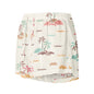 Vibewear Sorbet Shores satin pajama shorts with colourful abstract pattern, showing the relaxed fit and piping detail.