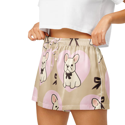 Close up of model wearing Frenchie Love womens pajama shorts showing elastic waistband and French bulldog print