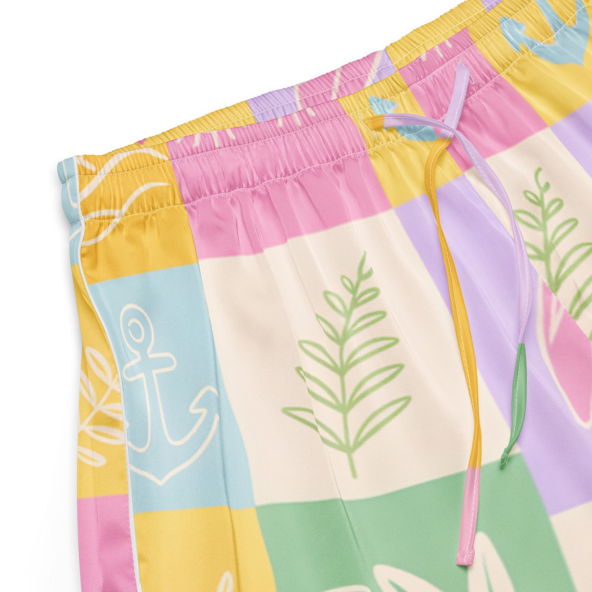 Close up of Pastel Patchwork Dream womens pajama shorts fabric and patchwork print