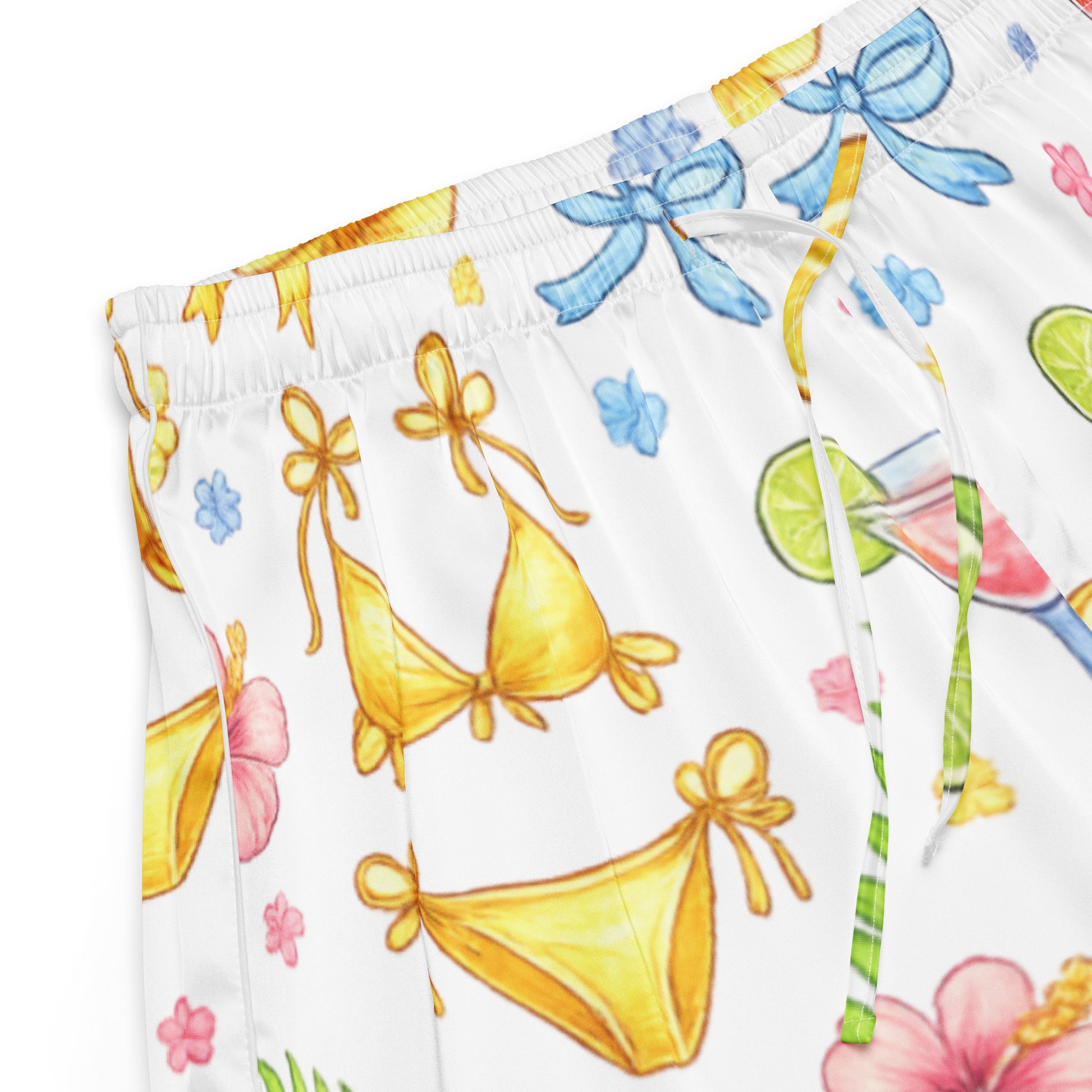 Close up of Summer Spritz womens pajama shorts fabric with citrus and cocktail pattern