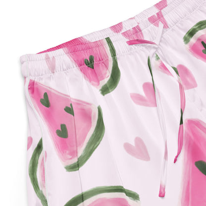 Close up of Sweet Melon Moments womens pajama shorts fabric with pink watermelon pattern