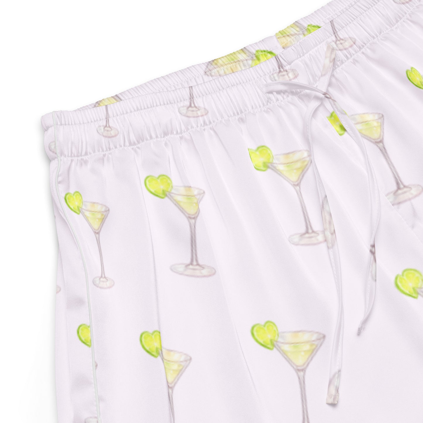 Close up of Summer Spritz Martini womens pajama shorts fabric with martini glass pattern