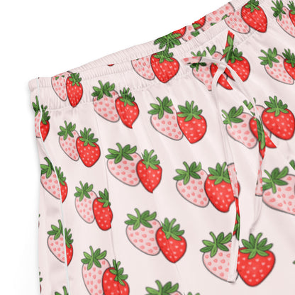 Close up of Berry Blush Bliss womens pajama shorts fabric with strawberry pattern