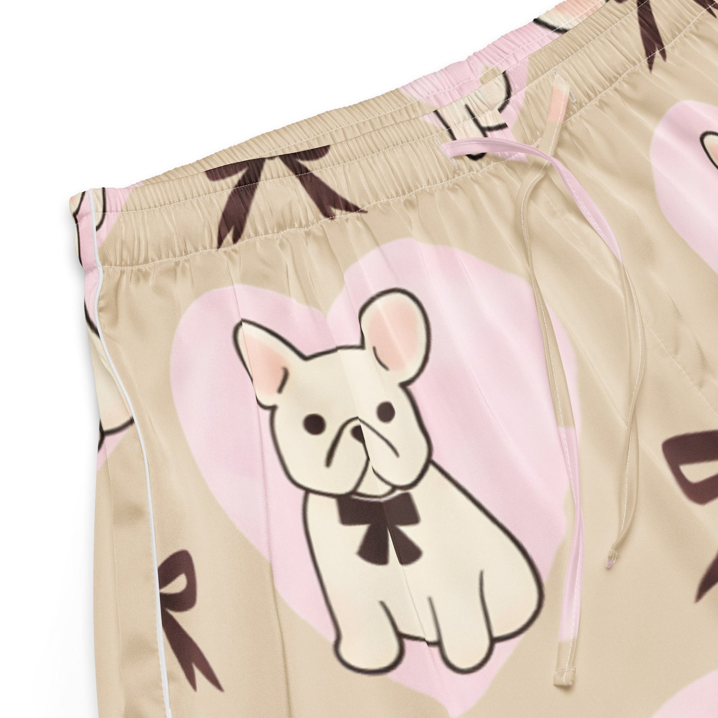 Close up of Frenchie Love womens pajama shorts fabric with French bulldog and bow pattern
