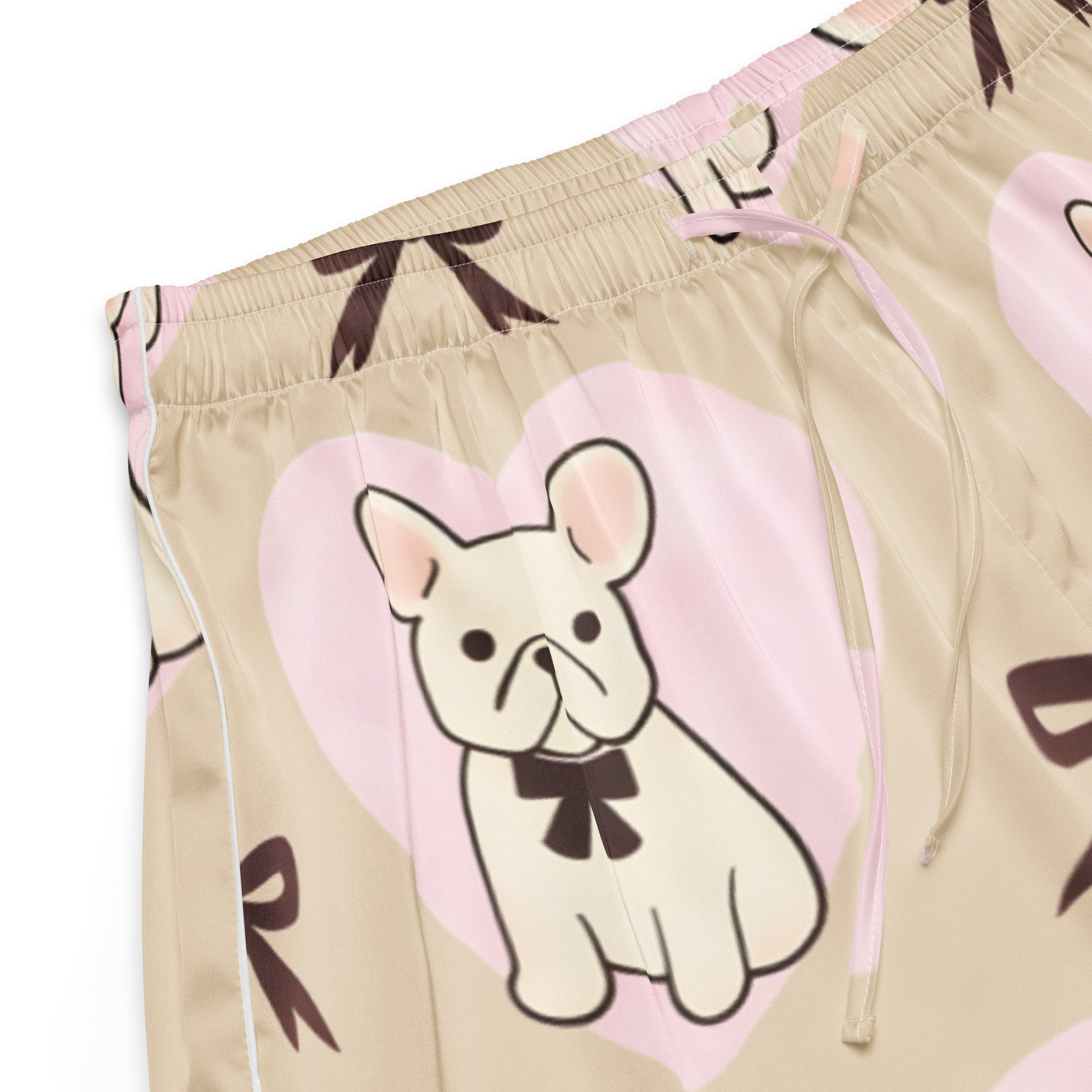 Close up of Frenchie Love womens pajama shorts fabric with French bulldog and bow pattern