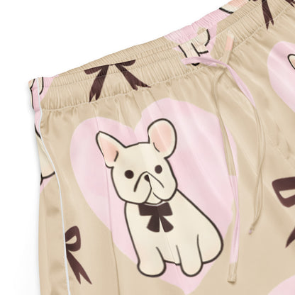 Close up of Frenchie Love womens pajama shorts fabric with French bulldog and bow pattern