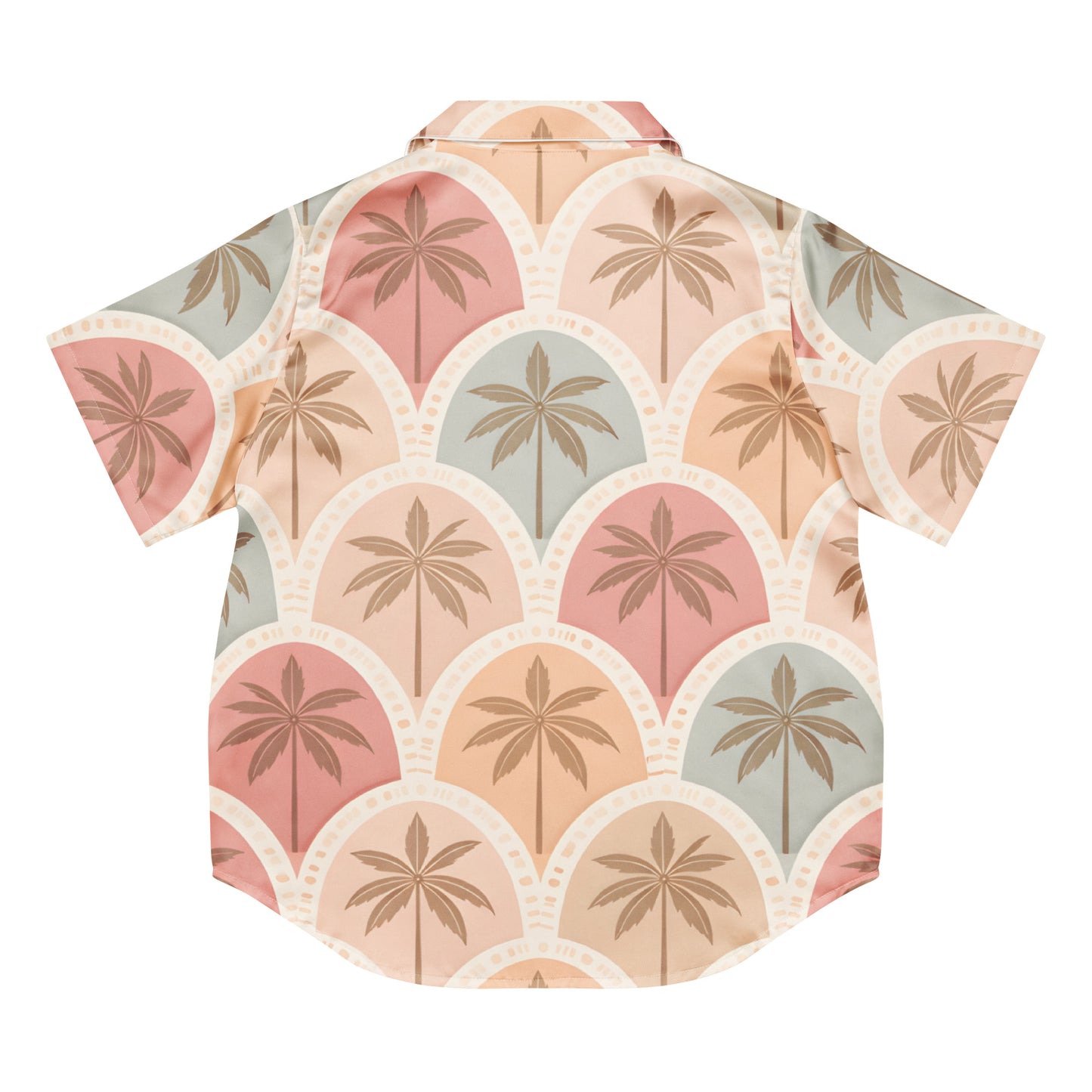 Back view of the Vibewear 'Sunset Palm Mosaic' women's satin pajama top with its intricate blue and orange pattern.