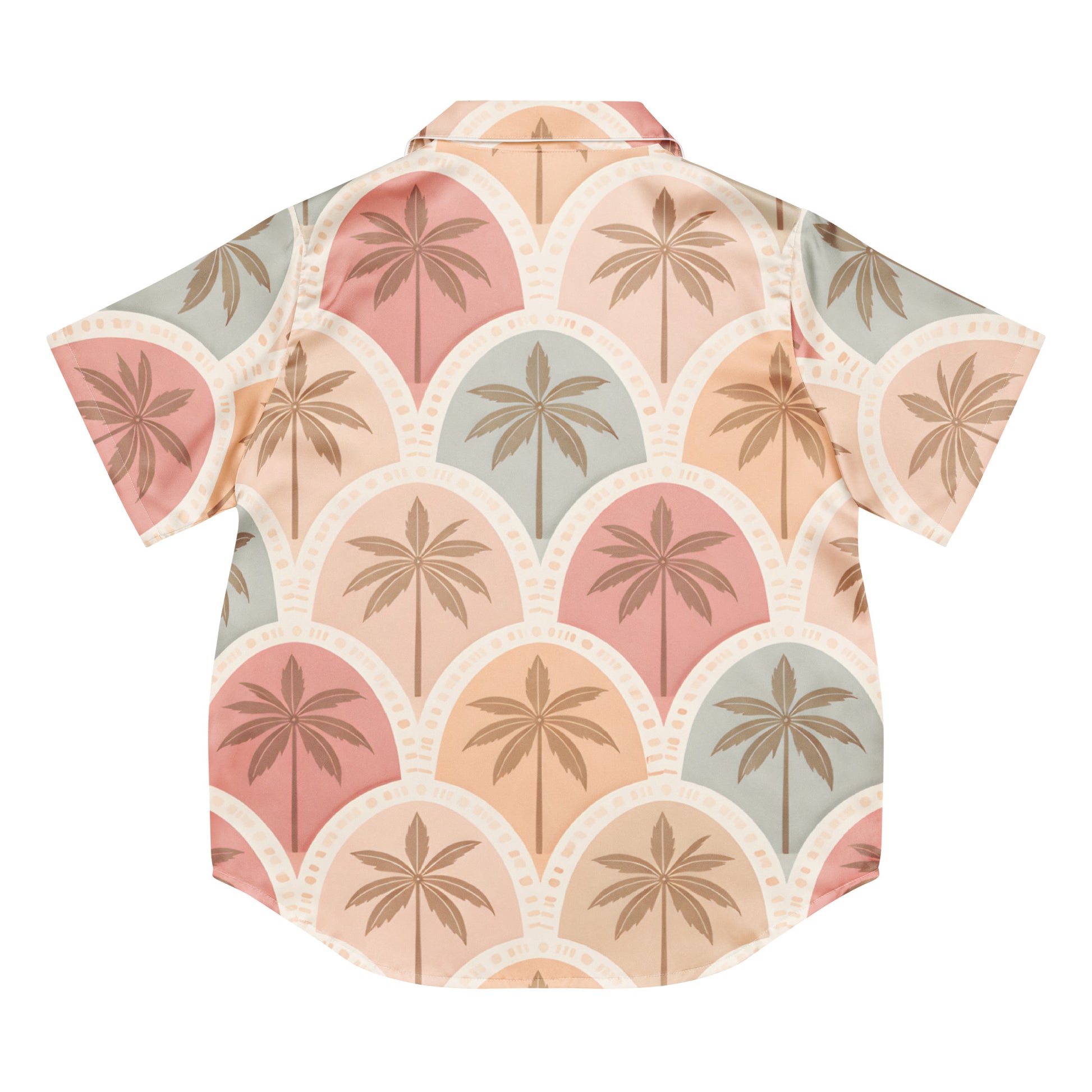 Back view of the Vibewear 'Sunset Palm Mosaic' women's satin pajama top with its intricate blue and orange pattern.