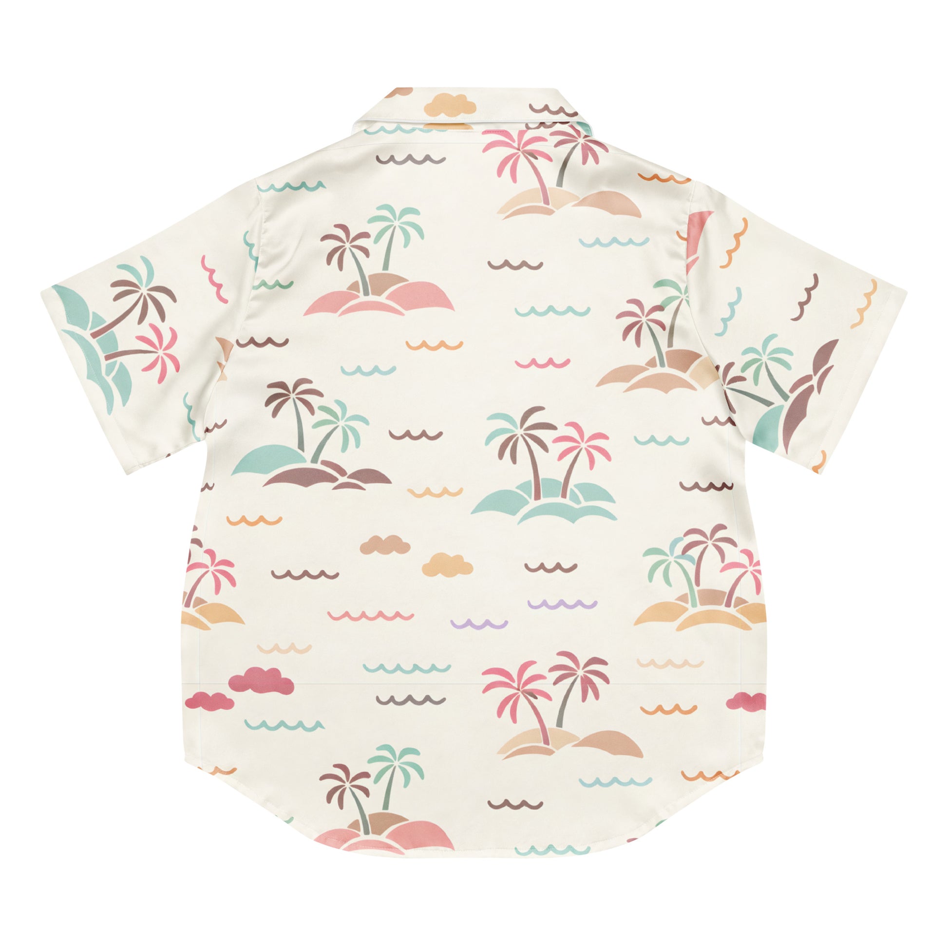 Back view of the Vibewear Sorbet Shores women's satin pajama top with its colourful pink, orange, and blue abstract pattern.