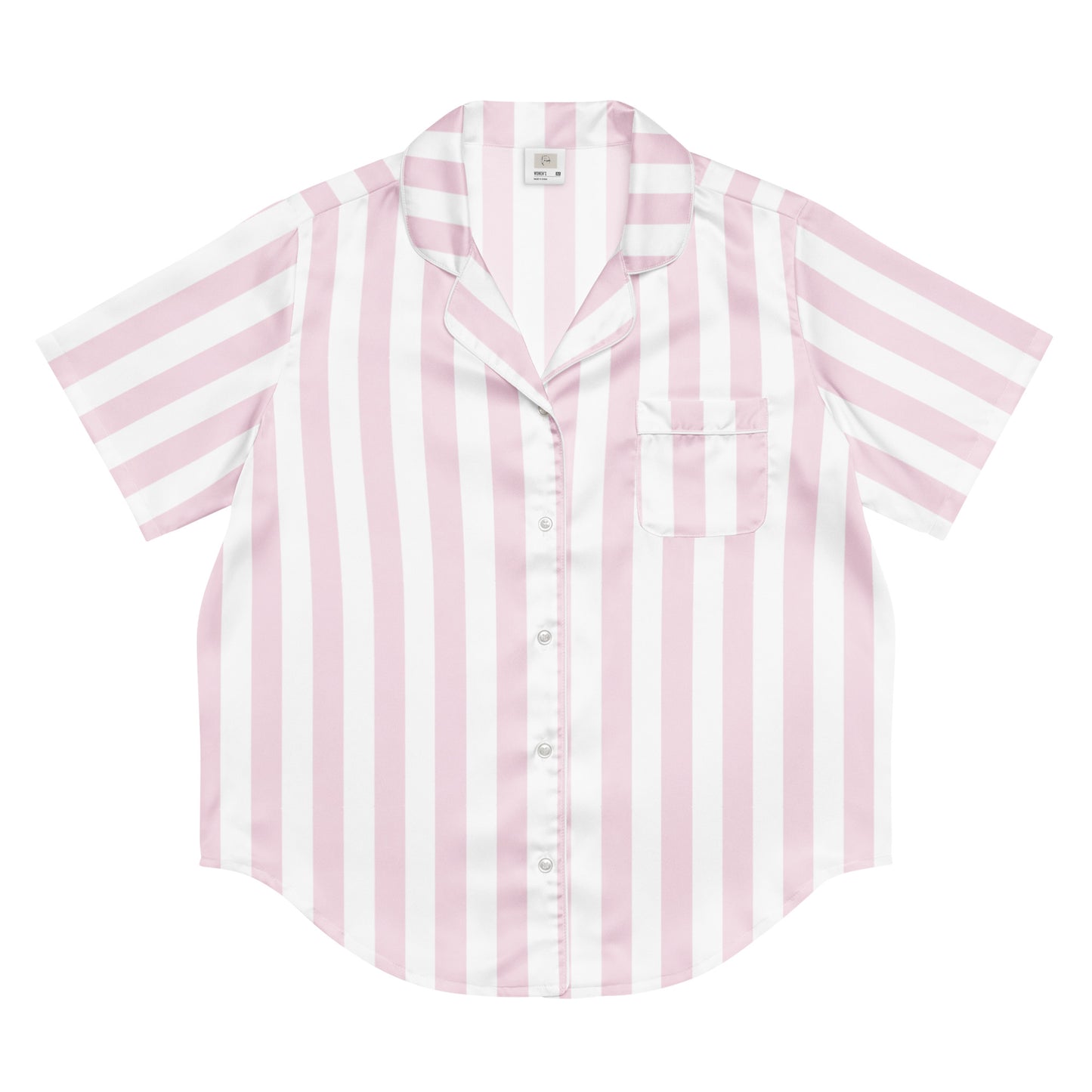 Front view of the Vibewear 'Sorbet Stripes' women's satin pajama top with its pastel pink and white stripe pattern.