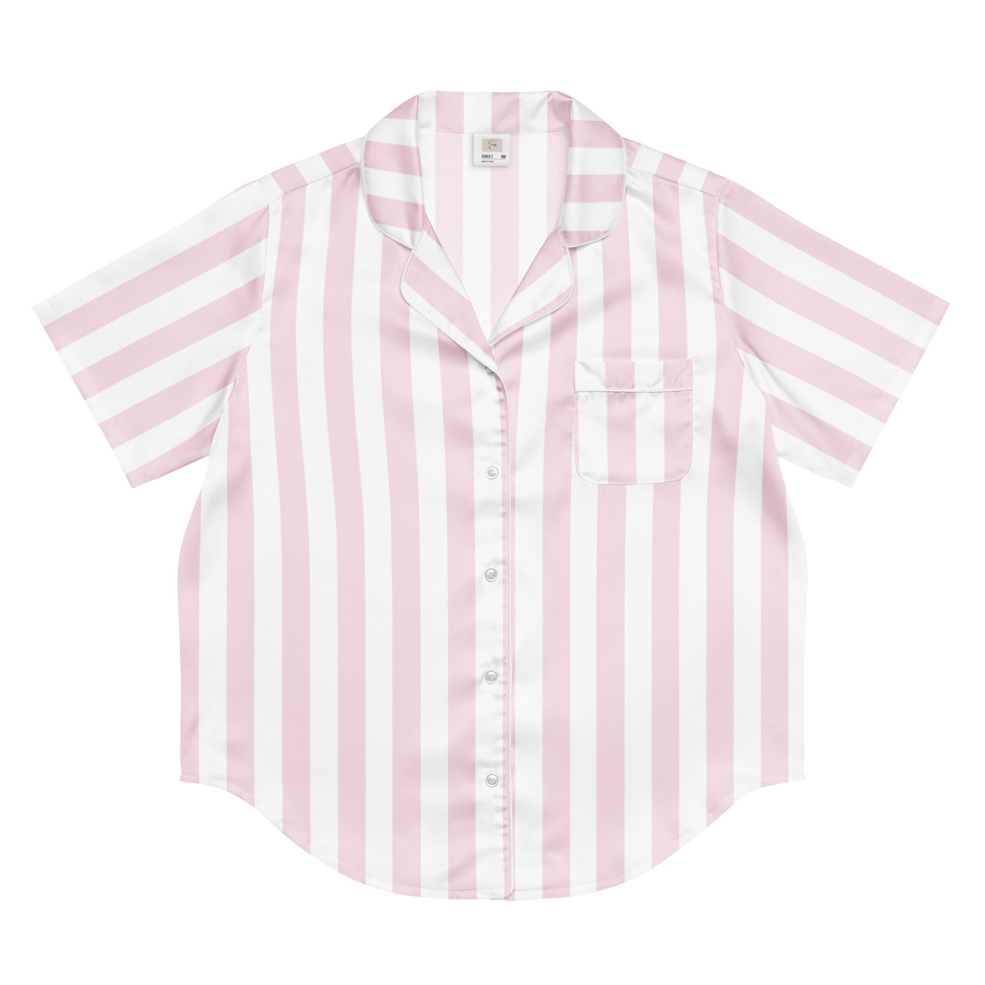Front view of the Vibewear 'Sorbet Stripes' women's satin pajama top with its pastel pink and white stripe pattern.