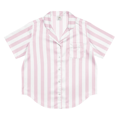Front view of the Vibewear 'Sorbet Stripes' women's satin pajama top with its pastel pink and white stripe pattern.