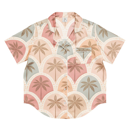 Front view of the Vibewear 'Sunset Palm Mosaic' women's satin pajama top with its intricate blue and orange pattern.
