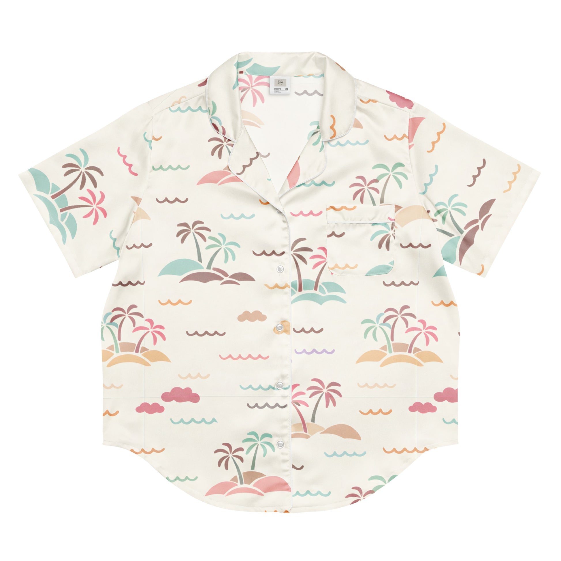 Front view of the Vibewear Sorbet Shores women's satin pajama top with its colourful pink, orange, and blue abstract pattern.