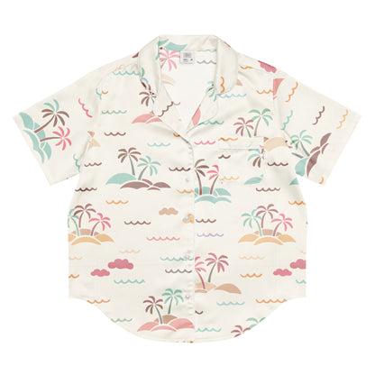 Front view of the Vibewear Sorbet Shores women's satin pajama top with its colourful pink, orange, and blue abstract pattern.