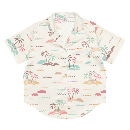 Front view of the Vibewear Sorbet Shores women's satin pajama top with its colourful pink, orange, and blue abstract pattern.