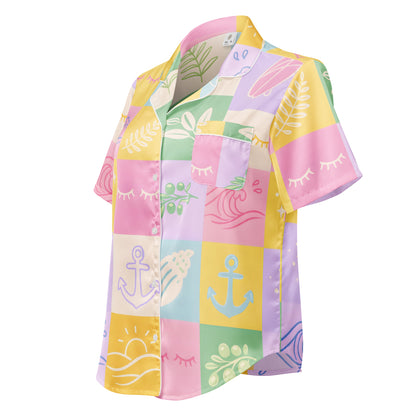 Pastel Patchwork Dream womens short sleeve pajama top showing pastel patchwork design