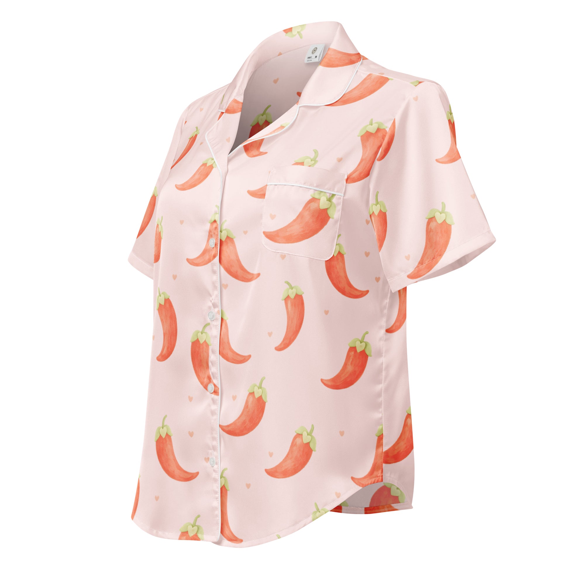 Side view of Keep It Spicy womens short sleeve pajama top with chilli print design
