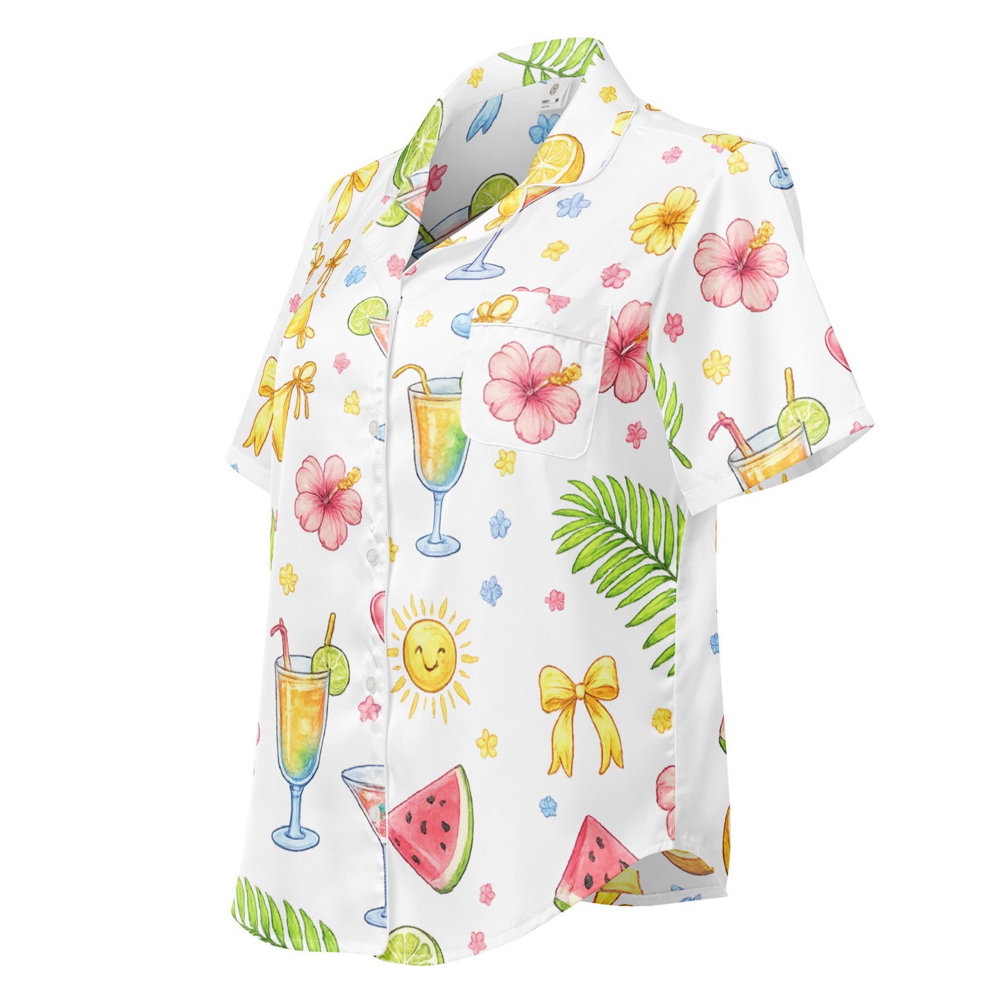 Side view of Summer Spritz womens short sleeve pajama top with summer themed print