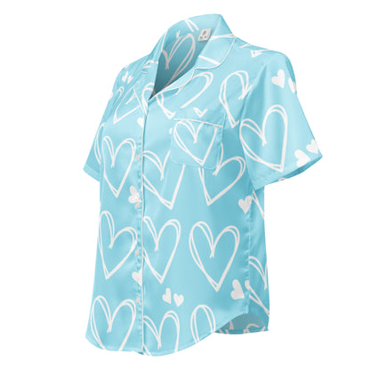 Side view of Sweetheart Skies womens short sleeve pajama top with relaxed fit and heart print