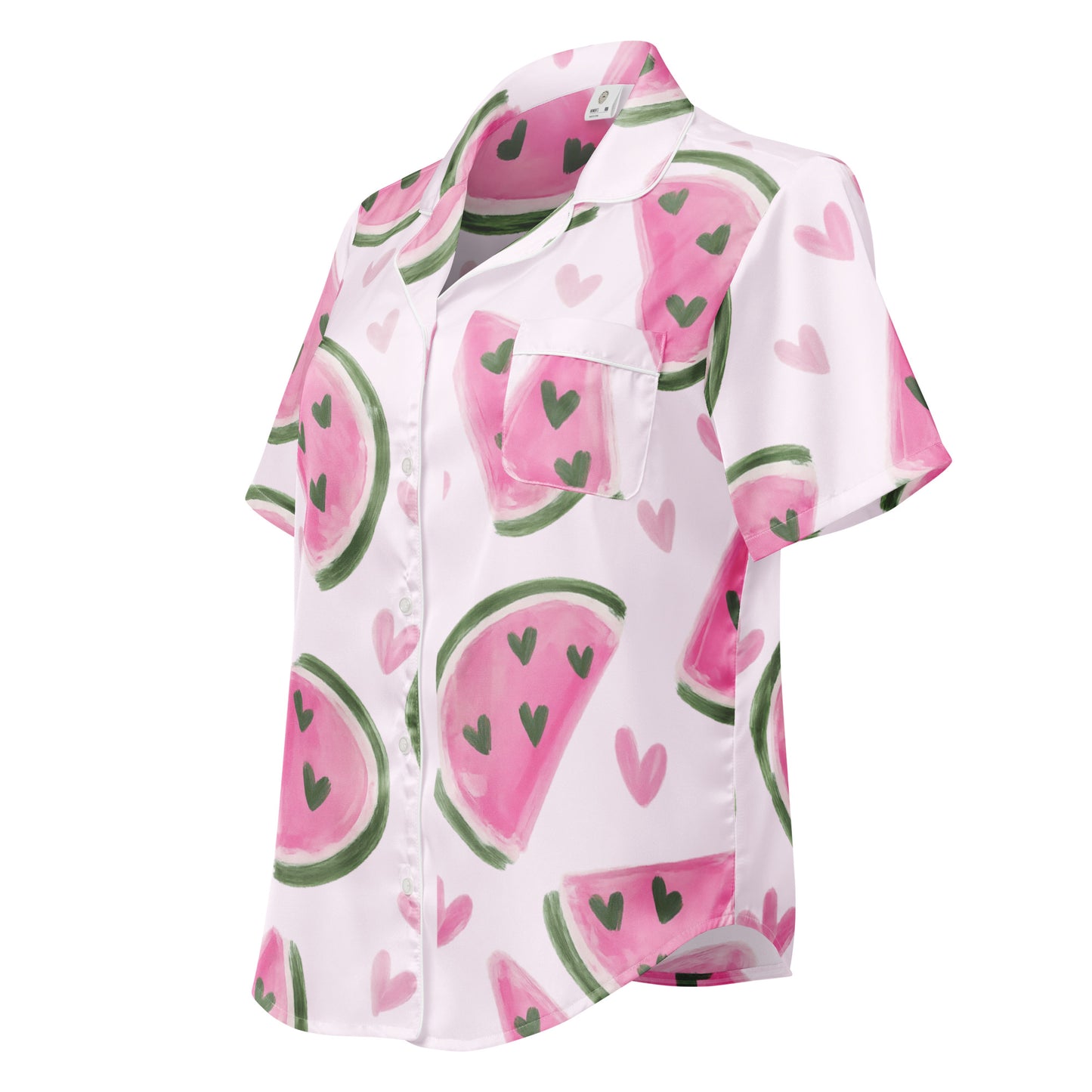Side view of Sweet Melon Moments womens short sleeve pajama top with relaxed fit and watermelon print