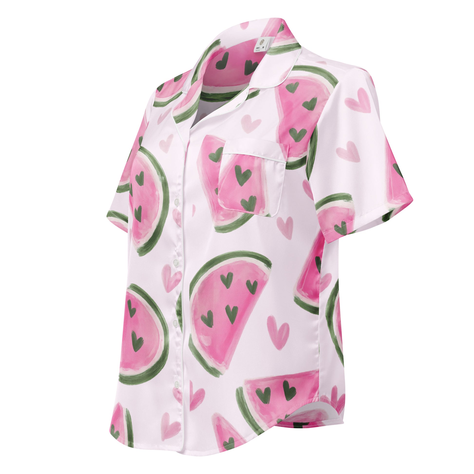 Side view of Sweet Melon Moments womens short sleeve pajama top with relaxed fit and watermelon print